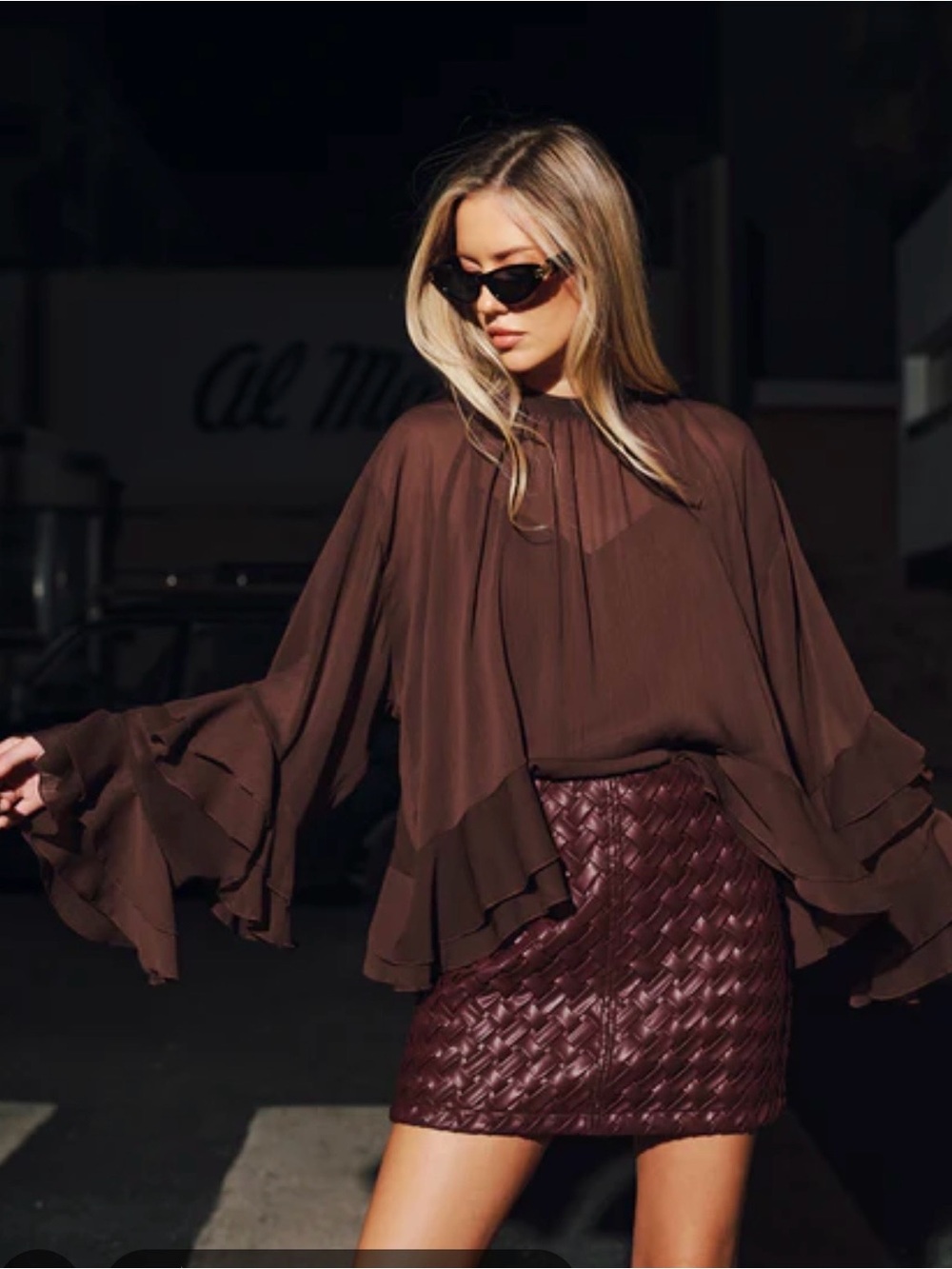 Commense Chocolate Brown Chiffon Ruffle Blouse with Woven Mahogany Mini Skirt